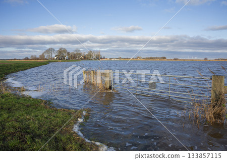 Flooded meadow at Eemnes pumping station in Eempolder Netherlands during calm weather 133857115