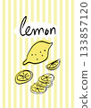 A whimsical poster card featuring a lemon. Yellow striped background. Decor for kitchens and cafes. 133857120