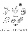 Doodle vector drawings of a lovely tea party. Tea set with honey, lemon, ginger and tea leaves. 133857121