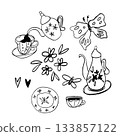 Doodle vector drawings of a lovely tea party with a butterfly, vintage teapots and cups. Hearts and flowers. 133857122