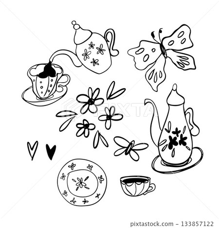 Doodle vector drawings of a lovely tea party with a butterfly, vintage teapots and cups. Hearts and flowers. Doodle vector drawings of a lovely tea party with a butterfly, vintage teapots and cups. Hearts and flowers. 133857122