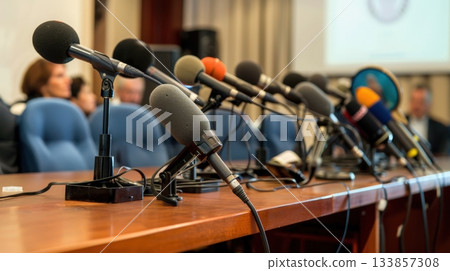 Table with modern microphones for press conference 133857308