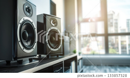 Two black audio speakers on a wooden shelf in a modern room with large windows and city view. Bright sunlight illuminates the space. 133857328
