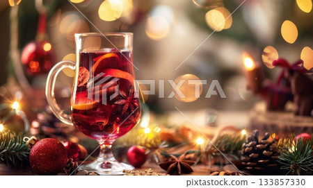 Warm mulled wine served in a festive glass surrounded by Christmas decorations Warm mulled wine served in a festive glass surrounded by Christmas decorations 133857330