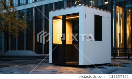 A modern white kiosk with a glass door, illuminated from within, situated in an urban environment with a backdrop of contemporary buildings and autumn trees. 133857331