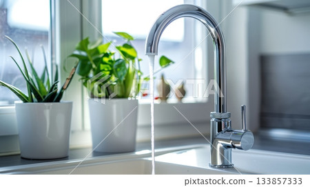 Water flowing from a smooth kitchen faucet 133857333