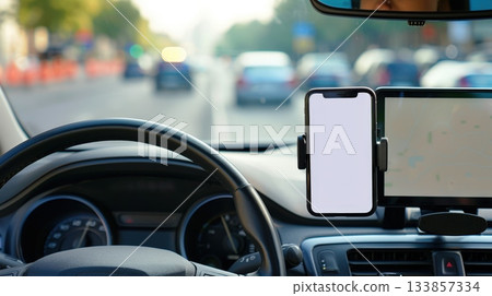 Universal mobile phone holder with white blank screen, mockup 133857334