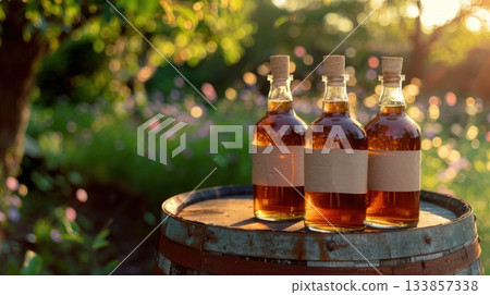 Glass bottles with empty labels and corks standing on a barrel in a natural setting Glass bottles with empty labels and corks standing on a barrel in a natural setting 133857338