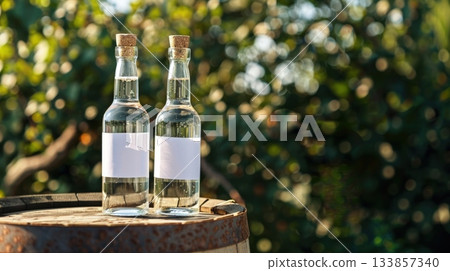 Glass bottles with empty labels and corks standing on a barrel in a natural setting Glass bottles with empty labels and corks standing on a barrel in a natural setting 133857340