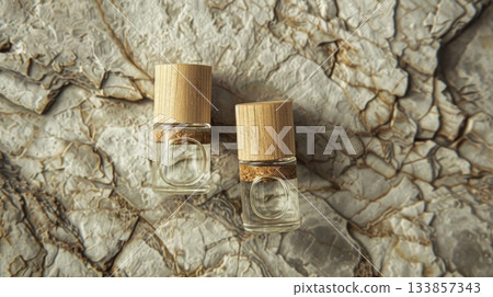 Empty glass bottles with wooden caps displayed on a stone surface Empty glass bottles with wooden caps displayed on a stone surface 133857343