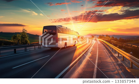 Tourist bus on highway at sunset Tourist bus on highway at sunset 133857344
