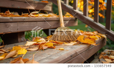 A broom rests on wooden steps covered with fallen autumn leaves. The scene captures the essence of fall with vibrant colors and a peaceful outdoor setting. A broom rests on wooden steps covered with fallen autumn leaves. The scene captures the essence of fall with vibrant colors and a peaceful outdoor setting. 133857349