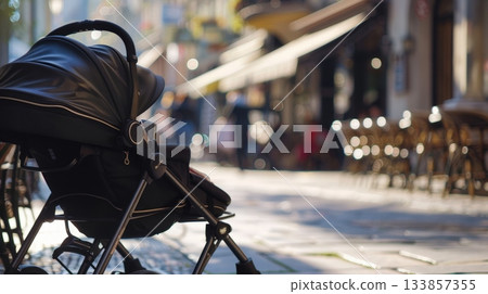 A black stroller is parked on a cobblestone street. Outdoor cafes with empty chairs are visible in the background. The scene is bright and inviting. 133857355
