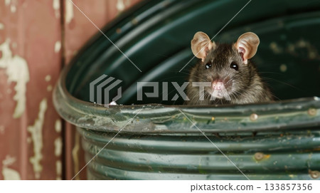 A black rat sits on the edge of a black plastic pot. The background features blurred autumn foliage with warm colors. 133857356