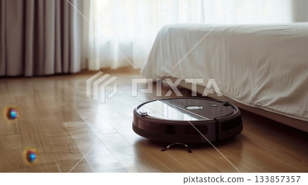 A robotic vacuum cleaner on a wooden floor near a bed in a bright room with curtains. The scene illustrates modern home technology and cleanliness. 133857357