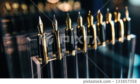 A collection of elegant fountain pen nibs displayed in a clear holder. The nibs are shiny and gold-plated, showcasing fine craftsmanship and design. 133857358