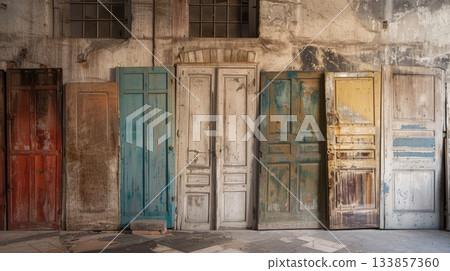 A row of vintage wooden doors in various colors, including red, blue, yellow, and green. The doors show signs of wear and age, set against a textured wall. A row of vintage wooden doors in various colors, including red, blue, yellow, and green. The doors show signs of wear and age, set against a textured wall. 133857360