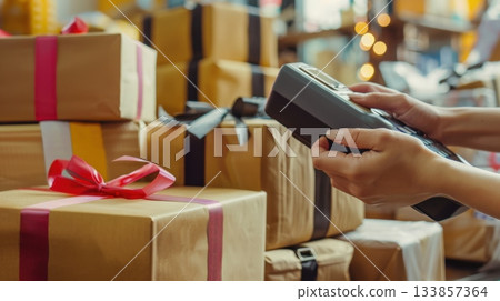Hands holding a gift box in a festive setting with various wrapped presents. Colorful ribbons adorn the packages, creating a cheerful atmosphere. Hands holding a gift box in a festive setting with various wrapped presents. Colorful ribbons adorn the packages, creating a cheerful atmosphere. 133857364