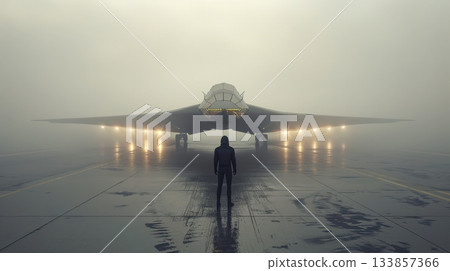 A silhouette of a person stands in front of a futuristic aircraft in a foggy environment. The aircraft has bright lights illuminating the scene. A silhouette of a person stands in front of a futuristic aircraft in a foggy environment. The aircraft has bright lights illuminating the scene. 133857366