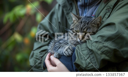 A young person with short hair holds a small tabby cat in their arms. The background features blurred greenery, suggesting an outdoor setting. A young person with short hair holds a small tabby cat in their arms. The background features blurred greenery, suggesting an outdoor setting. 133857367