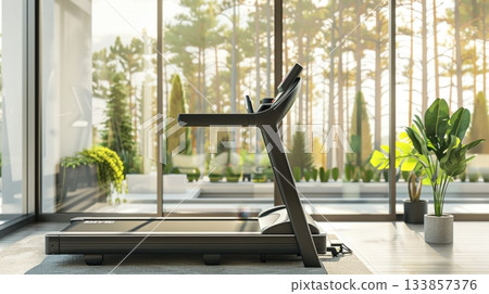 A modern treadmill is positioned in a bright room with large windows. Green plants are visible outside, creating a serene atmosphere for exercise. 133857376