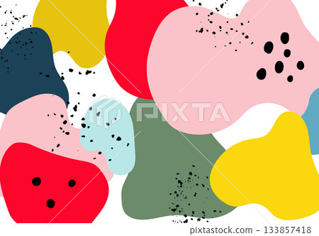 Abstract background with colorful organic fluid shapes and black ink splatters on white. 133857418