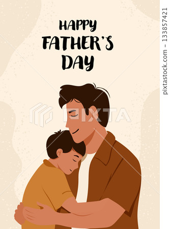 A father in a brown shirt affectionately hugs his sleeping son under bold festive text. A father in a brown shirt affectionately hugs his sleeping son under bold festive text. 133857421