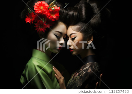 two geisha women wearing traditional japanese costumes on a black background two geisha women wearing traditional japanese costumes on a black background 133857433