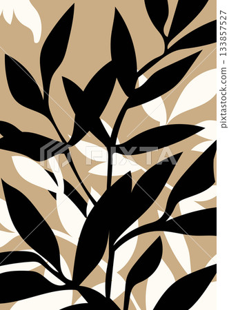 Black plant leaves and branches silhouetted against a neutral beige background. Black plant leaves and branches silhouetted against a neutral beige background. 133857527