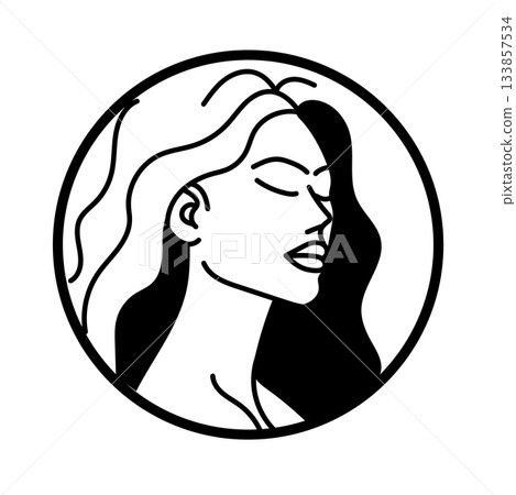 A minimalist black and white circular logo showing the profile of a woman with closed eyes. A minimalist black and white circular logo showing the profile of a woman with closed eyes. 133857534