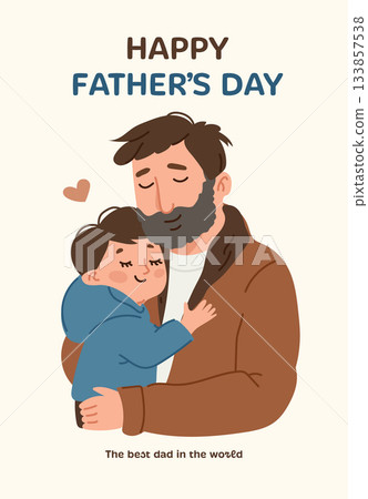 A bearded father hugs his smiling son in a blue hoodie under festive holiday text. 133857538