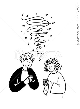 Man and woman look at phones with a chaotic scribble tornado swirling above. 133857539