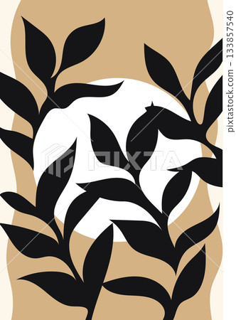 Black leafy branches framing a large white circle against a beige wavy background shape. 133857540