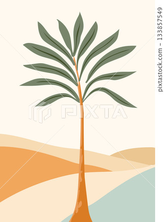 Minimalist landscape featuring a palm tree, orange sand dunes, and blue water. 133857549