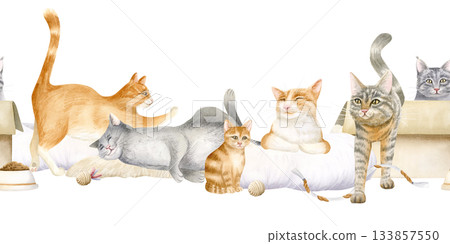Cute cats watercolor seamless banner isolated on white. Hand drawn pets clip art with cute orange, gray and brown animals in various poses for rescue and adoption centers centers. Repeat banner 133857550