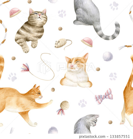 Cute watercolor cats with toys and talking buttons seamless pattern on white. Orange, brown and gray funny pets with toys. Domestic animal repeat background for pet stores, shelters and rescue centers 133857551