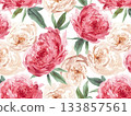 Red and white peony flowers seamless pattern 133857561