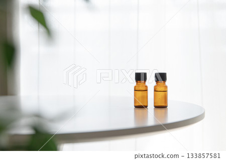 白色桌子上擺放著綠色的室內植物和精油瓶，散發著淡淡的香氣。 133857581