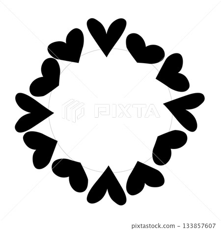 Black hearts Frame circle Valentine's Day. Vector graphic line black and white illustration. For poster, invitation, backdrop, ad, sale promotion, print for t-shirt logo, web, package, sticker. Black hearts Frame circle Valentine's Day. Vector graphic line black and white illustration. For poster, invitation, backdrop, ad, sale promotion, print for t-shirt logo, web, package, sticker. 133857607