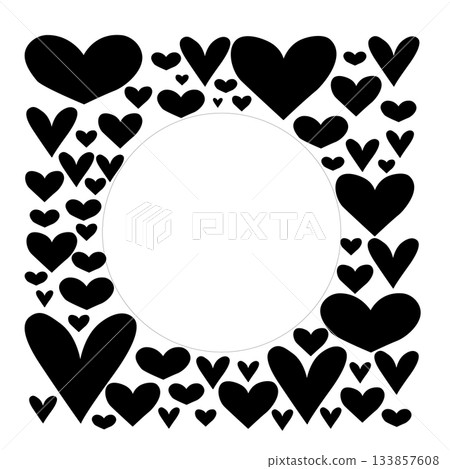 Black hearts Frame circle square Valentine's Day. Vector graphic line black and white illustration. Illustration for beauty salon, cosmetic store, makeup design. Black hearts Frame circle square Valentine's Day. Vector graphic line black and white illustration. Illustration for beauty salon, cosmetic store, makeup design. 133857608