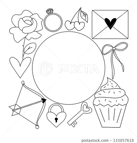 Valentine's Day Frame circle square. Vector graphic line black and white illustration. Perfect for spring holidays. With love. Hand drawn frame, greeting card. Vector illustration Valentine's Day Frame circle square. Vector graphic line black and white illustration. Perfect for spring holidays. With love. Hand drawn frame, greeting card. Vector illustration 133857618