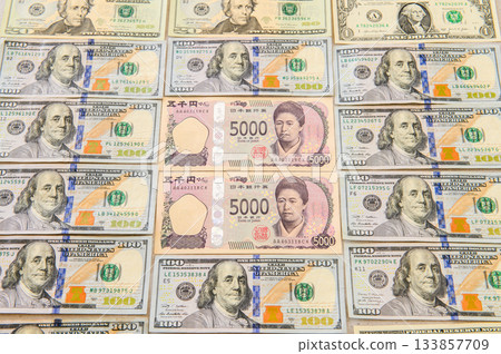 100, 20, and 1 dollar bills. Japan's 5,000 yen bill, surrounded by male leaders. A female leader, somewhat sharp. 100, 20, and 1 dollar bills. Japan's 5,000 yen bill, surrounded by male leaders. A female leader, somewhat sharp. 133857709