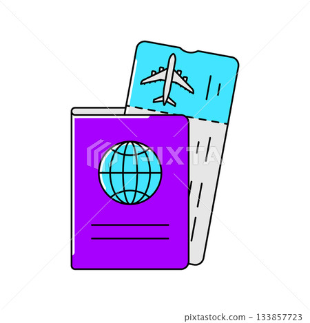 Passport with boarding pass icon. Air travel and tourism item. Passport with boarding pass icon. Air travel and tourism item. 133857723