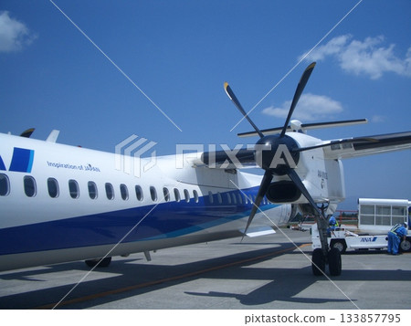 A powerful propeller waiting under the blue sky A powerful propeller waiting under the blue sky 133857795