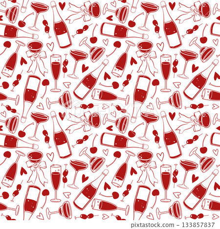 Hand-drawn seamless pattern with New Year party elements such as champagne bottle and glass, bows and hearts 133857837