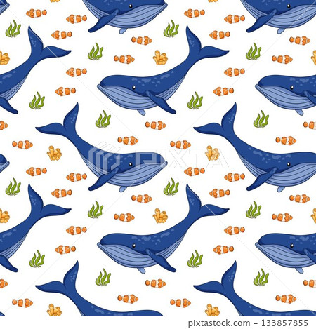 Humpback whale and Clown fish seamless pattern in cartoon style. Undersea animal background for summer print design. 133857855
