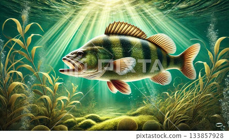 Stunning underwater illustration of a freshwater perch 133857928