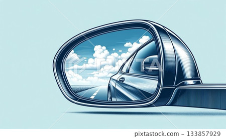 藍天倒映在汽車側視鏡裡。 133857929