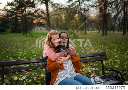 Diverse couple laughing hugging on park bench 133857975