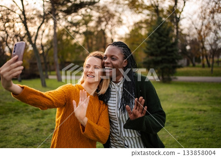 Diverse friends video calling outdoors sharing happy moment 133858004